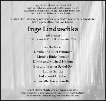 Traueranzeige von Inge Linduschka von Siegener Zeitung