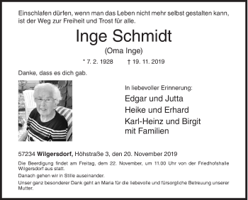 Traueranzeige von Inge Schmidt von Siegener Zeitung