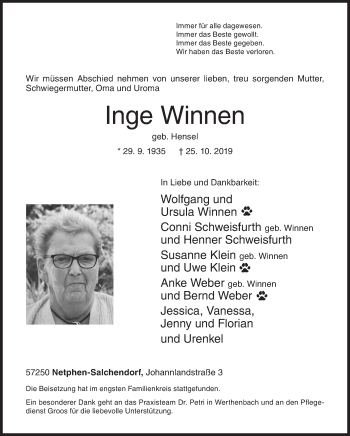 Traueranzeige von Inge Winnen von Siegener Zeitung