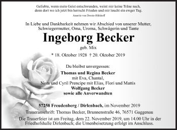 Traueranzeige von Ingeborg Becker von Siegener Zeitung