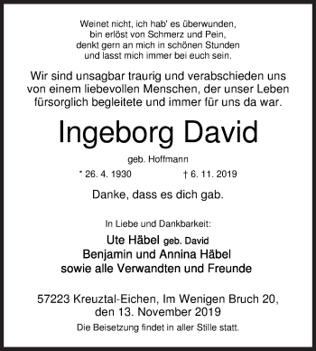 Traueranzeige von Ingeborg David von Siegener Zeitung