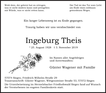 Traueranzeige von Ingeburg Theis von Siegener Zeitung