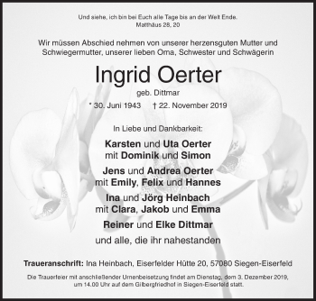 Traueranzeige von Ingrid Oerter von Siegener Zeitung
