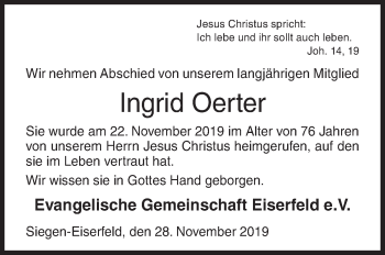 Traueranzeige von Ingrid Oerter von Siegener Zeitung