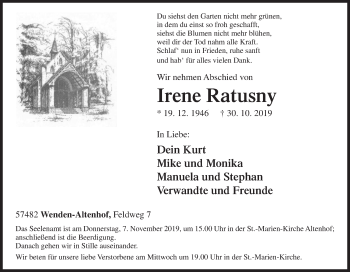 Traueranzeige von Irene Ratusny von Siegener Zeitung
