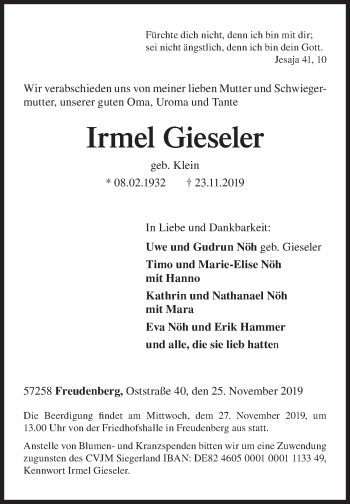 Traueranzeige von Irmel Gieseler von Siegener Zeitung