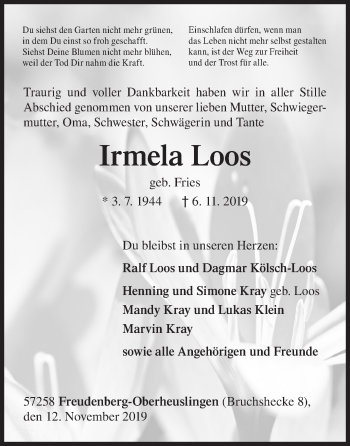 Traueranzeige von Irmela Loos von Siegener Zeitung