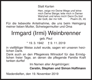 Traueranzeige von Irmgard Weinbrenner von Siegener Zeitung