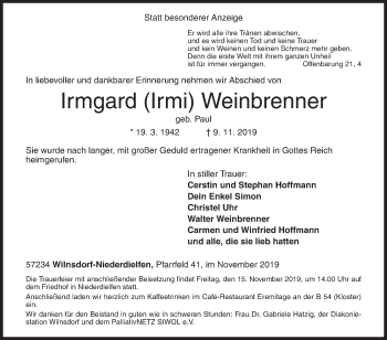 Traueranzeige von Irmgard Weinbrenner von Siegener Zeitung