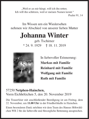 Traueranzeige von Johanna Winter von Siegener Zeitung