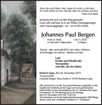 Traueranzeige von Johannes Paul Bergen von Siegener Zeitung