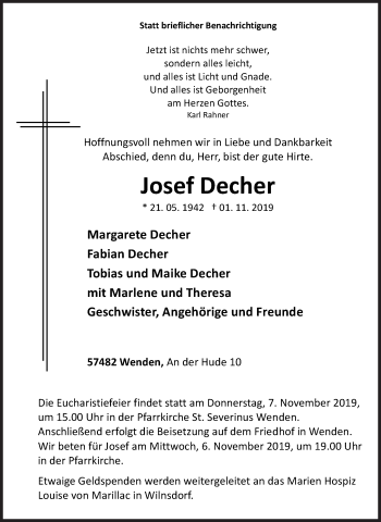 Traueranzeige von Josef Decher von Siegener Zeitung
