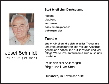 Traueranzeige von Josef Schmidt von Siegener Zeitung