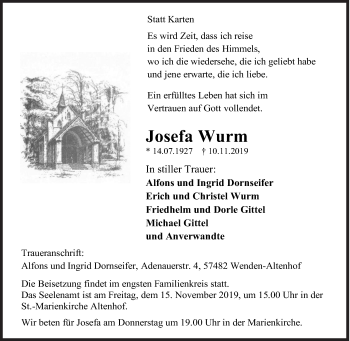 Traueranzeige von Josefa Wurm von Siegener Zeitung