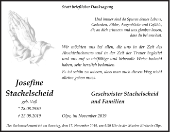 Traueranzeige von Josefine Stachelscheid von Siegener Zeitung