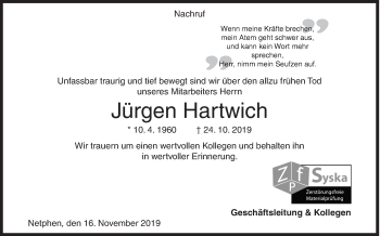 Traueranzeige von Jürgen Hartwich von Siegener Zeitung