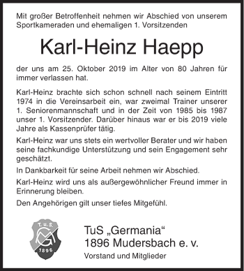 Traueranzeige von Karl-Heinz Haepp von Siegener Zeitung