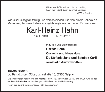 Traueranzeige von Karl-Heinz Hahn von Siegener Zeitung