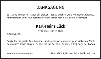 Traueranzeige von Karl-Heinz Lück von Siegener Zeitung