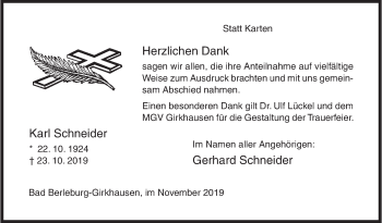 Traueranzeige von Karl Schneider von Siegener Zeitung