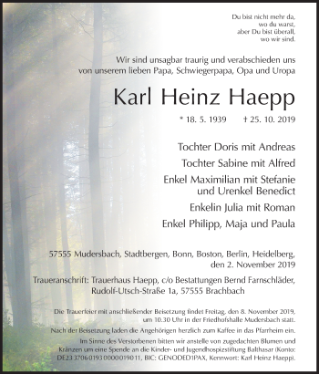 Traueranzeige von Karl Heinz Haepp von Siegener Zeitung