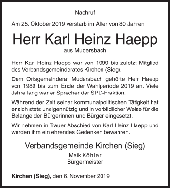 Traueranzeige von Karl Heinz Haepp von Siegener Zeitung
