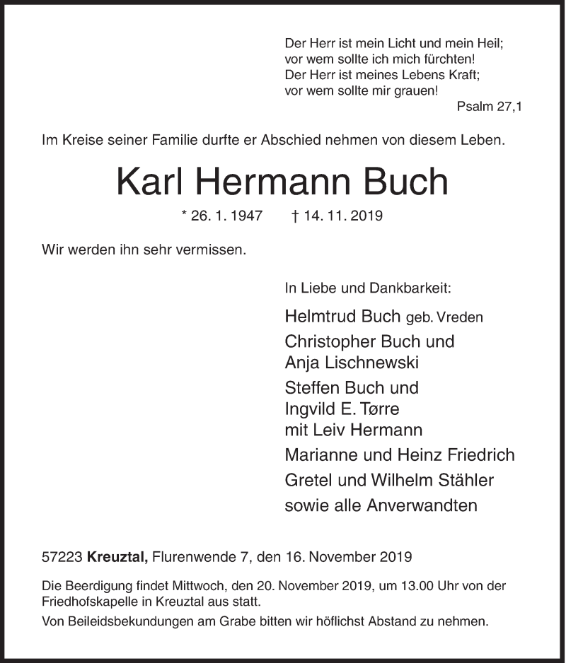  Traueranzeige für Karl Hermann Buch vom 16.11.2019 aus Siegener Zeitung