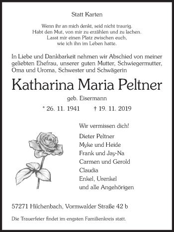 Traueranzeige von Katharina Maria Peltner von Siegener Zeitung