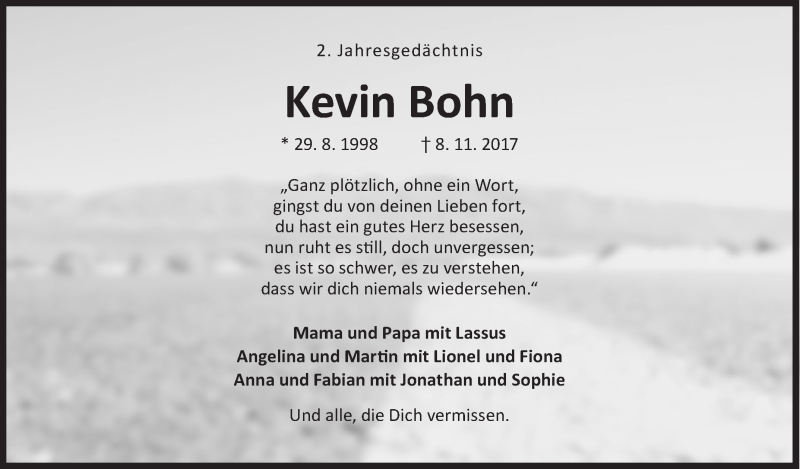  Traueranzeige für Kevin Bohn vom 08.11.2019 aus Siegener Zeitung