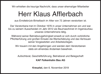 Traueranzeige von Klaus Afflerbach von Siegener Zeitung