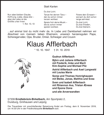 Traueranzeige von Klaus Afflerbach von Siegener Zeitung