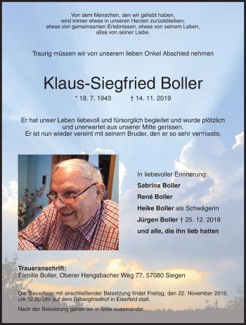 Traueranzeige von Klaus-Siegfried Boller von Siegener Zeitung
