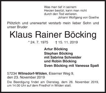 Traueranzeige von Klaus Rainer Böcking von Siegener Zeitung