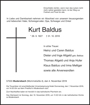 Traueranzeige von Kurt Baldus von Siegener Zeitung
