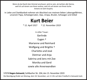 Traueranzeige von Kurt Beier von Siegener Zeitung