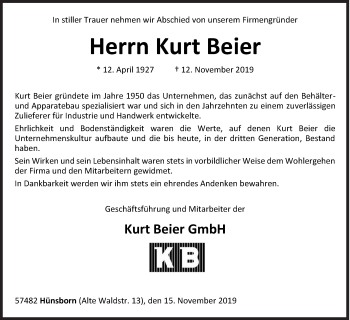 Traueranzeige von Kurt Beier von Siegener Zeitung