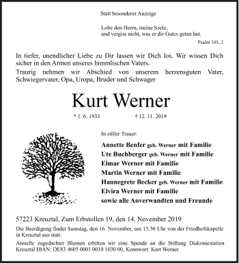 Traueranzeige von Kurt Werner von Siegener Zeitung