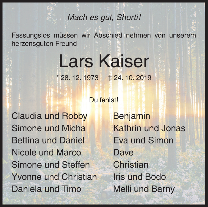  Traueranzeige für Lars Kaiser vom 02.11.2019 aus Siegener Zeitung