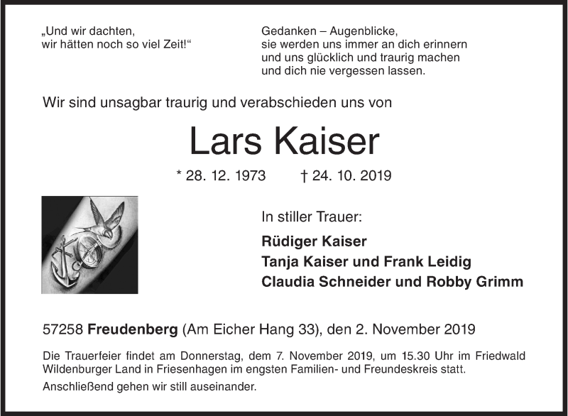  Traueranzeige für Lars Kaiser vom 02.11.2019 aus Siegener Zeitung