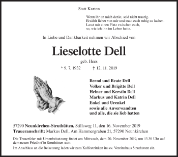 Traueranzeige von Lieselotte Dell von Siegener Zeitung