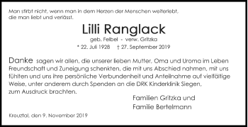 Traueranzeige von Lilli Ranglack von Siegener Zeitung