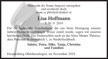 Traueranzeige von Lisa Hoffmann von Siegener Zeitung