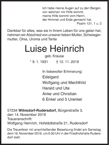 Traueranzeige von Luise Heinrich von Siegener Zeitung