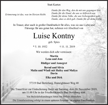 Traueranzeige von Luise Kontny von Siegener Zeitung