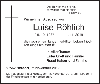 Traueranzeige von Luise Röhlich von Siegener Zeitung