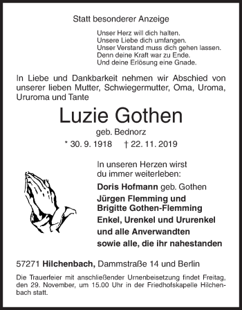 Traueranzeige von Luzie Gothen von Siegener Zeitung