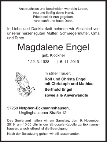 Traueranzeige von Magdalene Engel von Siegener Zeitung