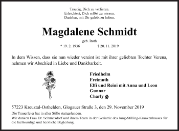 Traueranzeige von Magdalene Schmidt von Siegener Zeitung