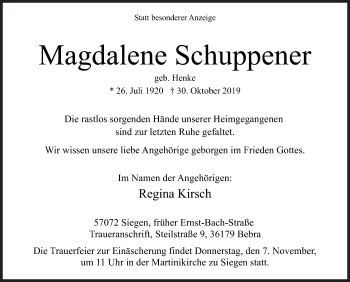 Traueranzeige von Magdalene Schuppener von Siegener Zeitung