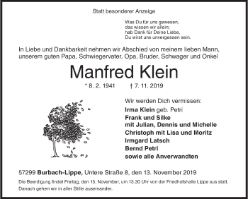 Traueranzeige von Manfred Klein von Siegener Zeitung